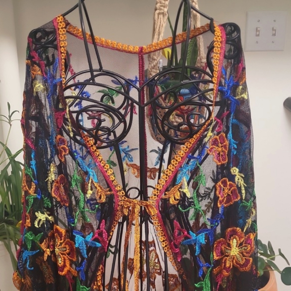 Pink and Black Kimono Swim Coverup with Dramatic Sleeves - Picture 3 of 15